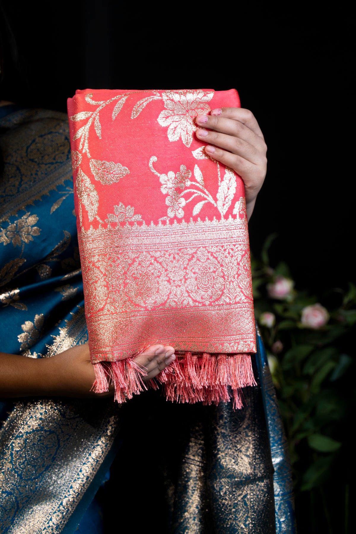 Royal Silk Saree with Metallic golden Zari Work and Tassels