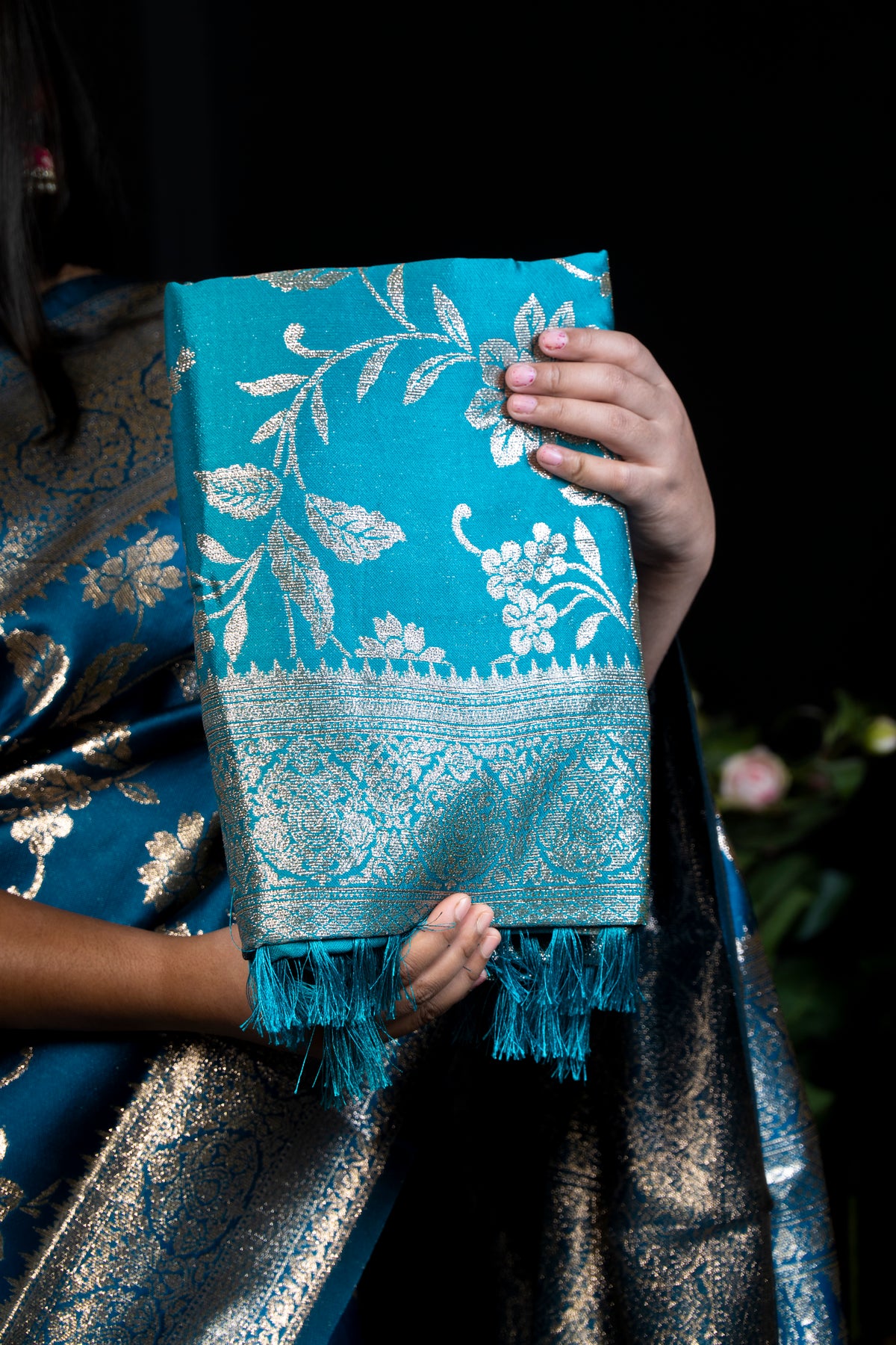 Royal Silk Saree with Metallic golden Zari Work and Tassels