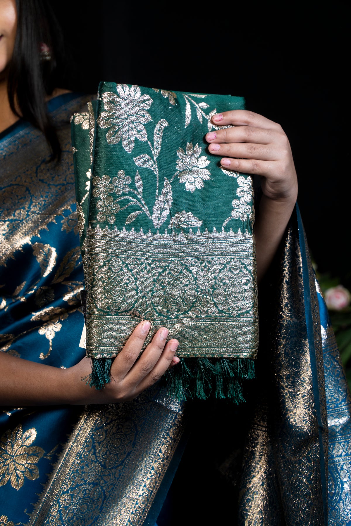 Royal Silk Saree with Metallic golden Zari Work and Tassels