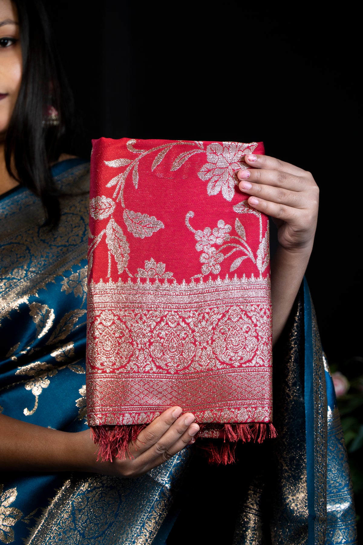 Royal Silk Saree with Metallic golden Zari Work and Tassels