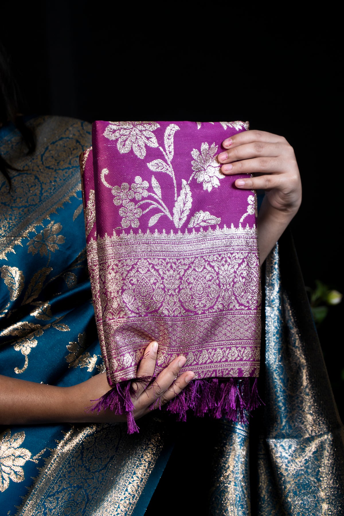 Royal Silk Saree with Metallic golden Zari Work and Tassels
