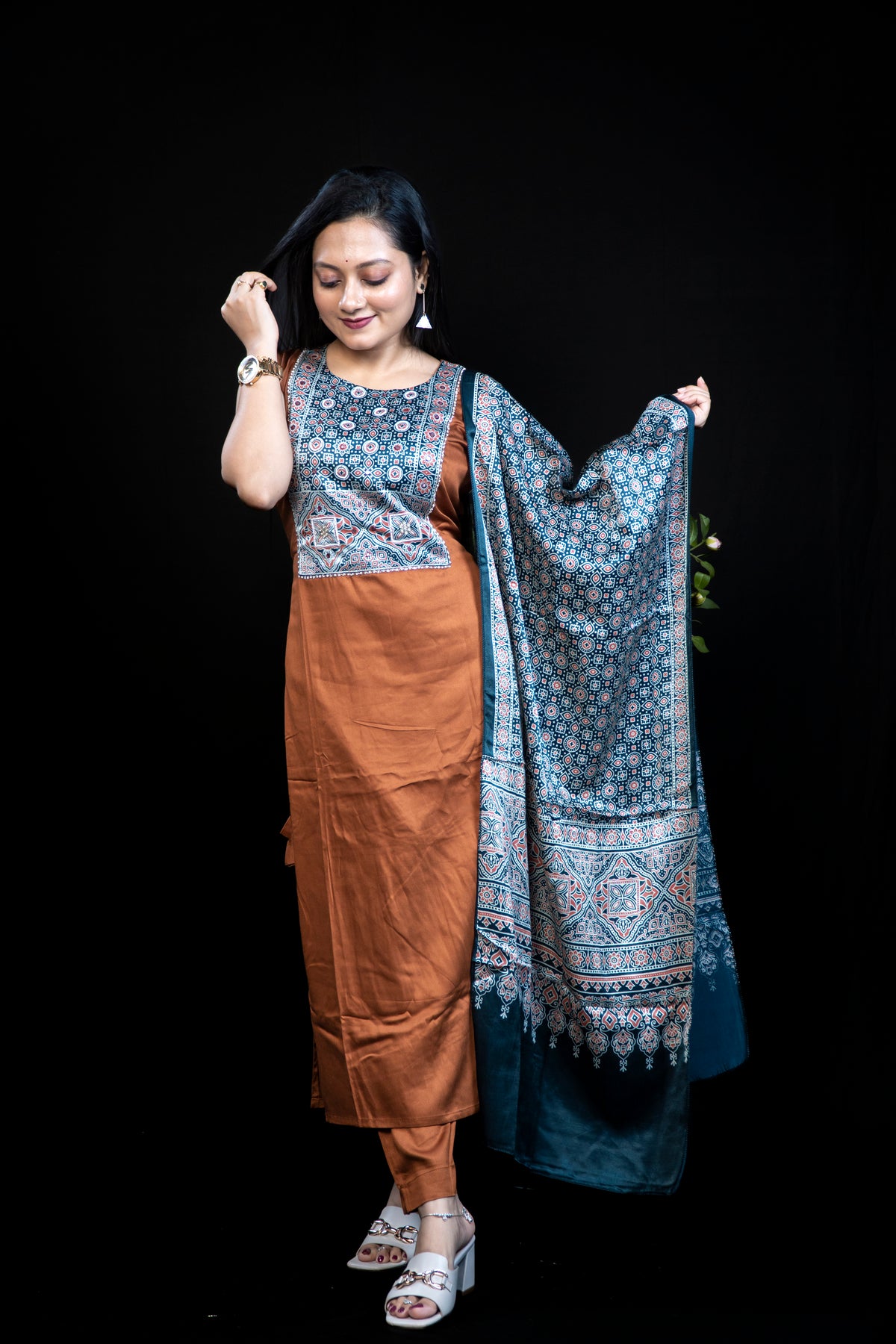Brown Ajrakh-Print Palazzo Set with Contrast Printed Panel