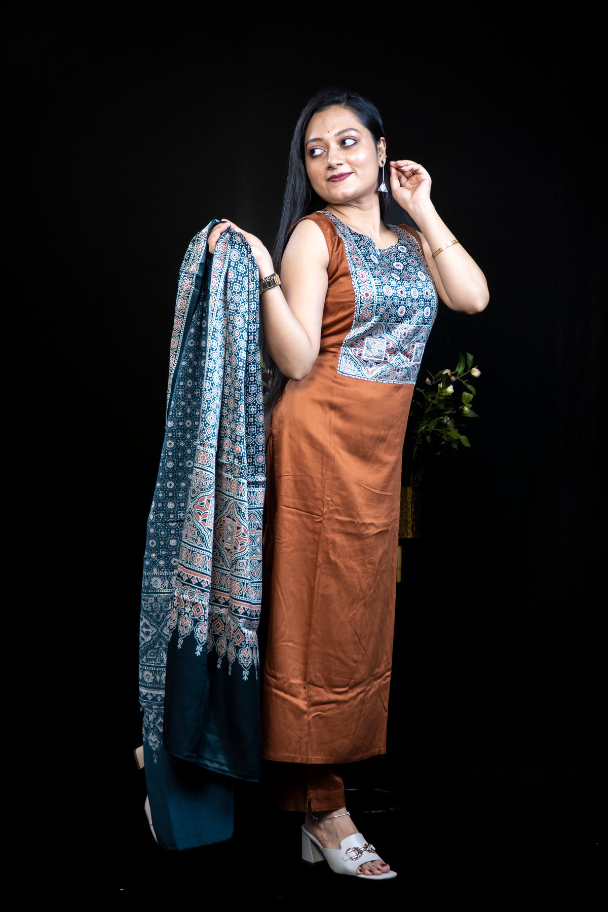 Brown Ajrakh-Print Palazzo Set with Contrast Printed Panel