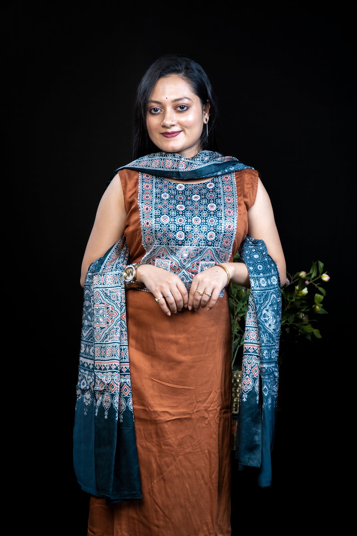 Brown Ajrakh-Print Palazzo Set with Contrast Printed Panel