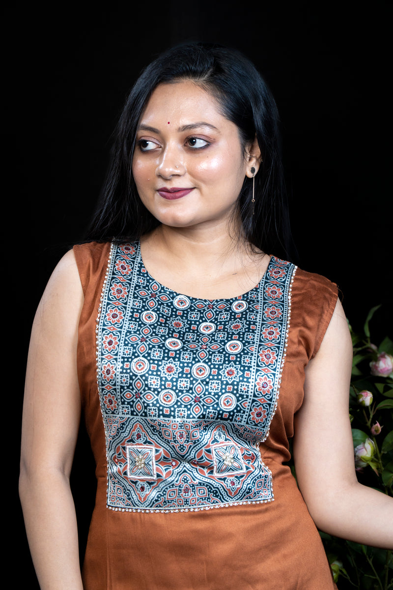 Brown Ajrakh-Print Palazzo Set with Contrast Printed Panel