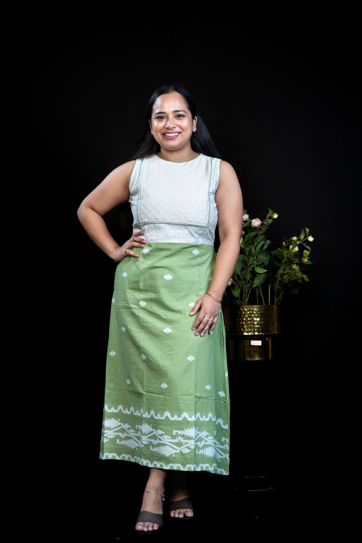Handloom Cotton A-Line Dress with Hakoba & Jamdani Border