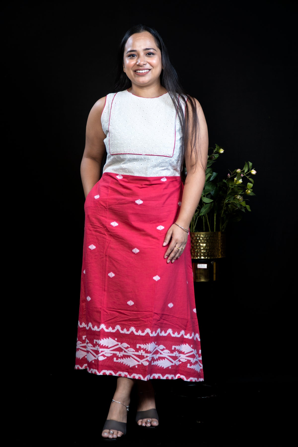 Handloom Cotton A-Line Dress with Hakoba & Jamdani Border
