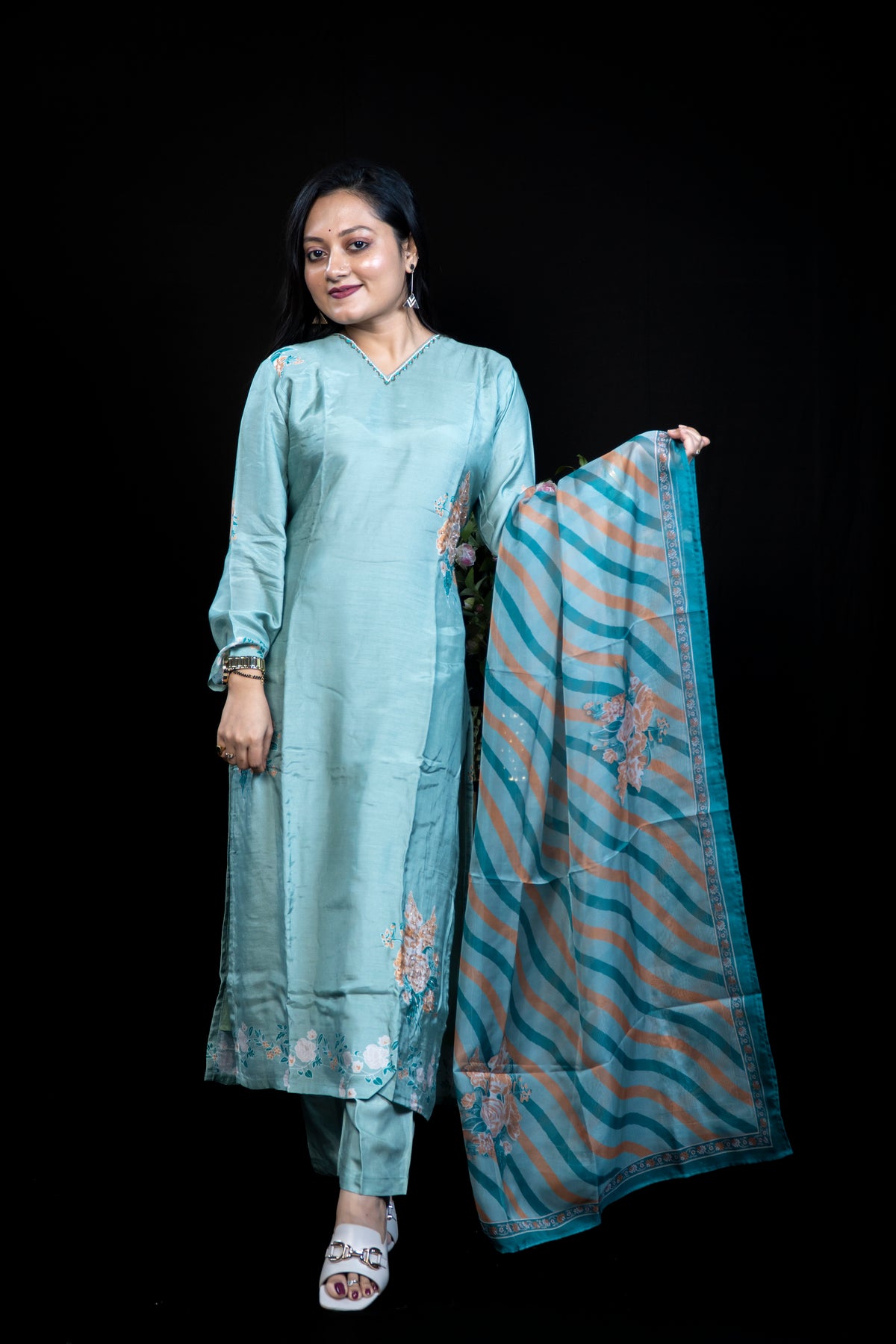 Sage Green Silk Kurta Set with Embroidered Rose Motifs & Leheriya Dupatta