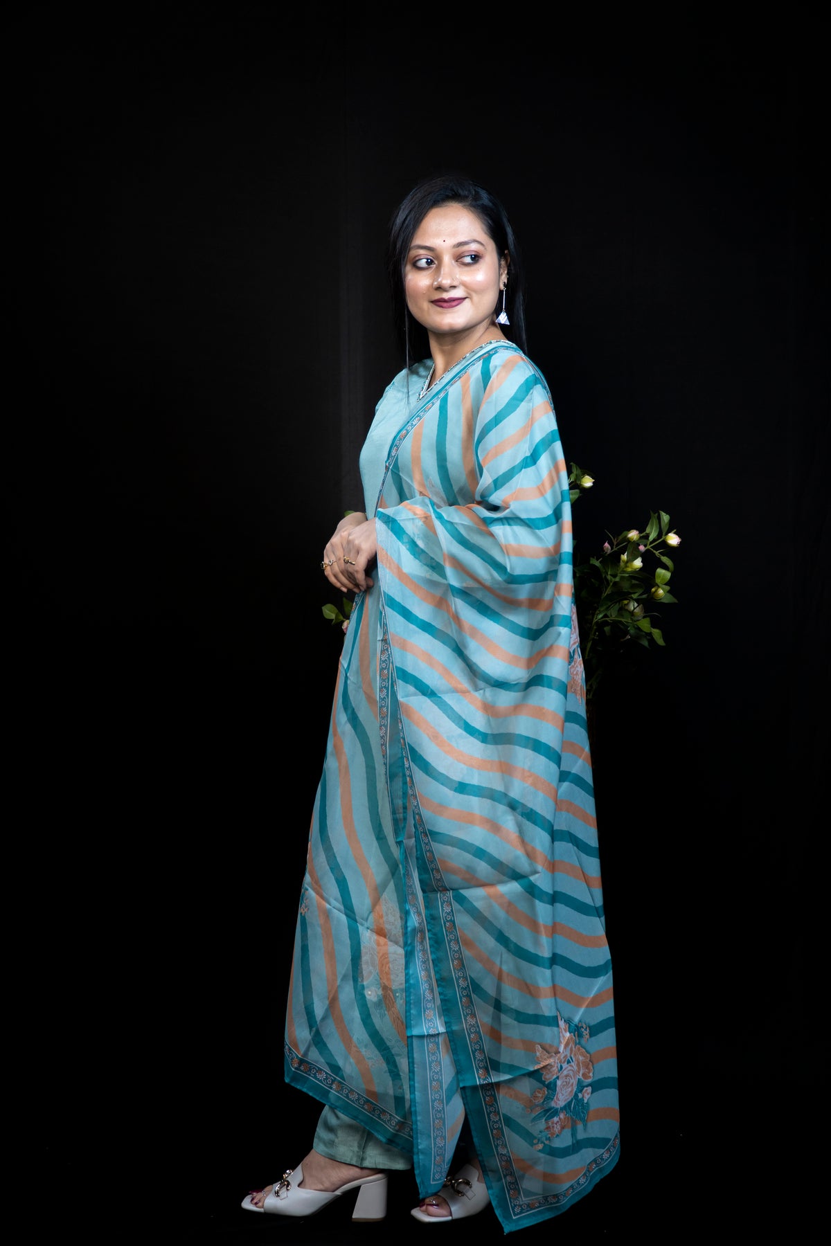Sage Green Silk Kurta Set with Embroidered Rose Motifs & Leheriya Dupatta