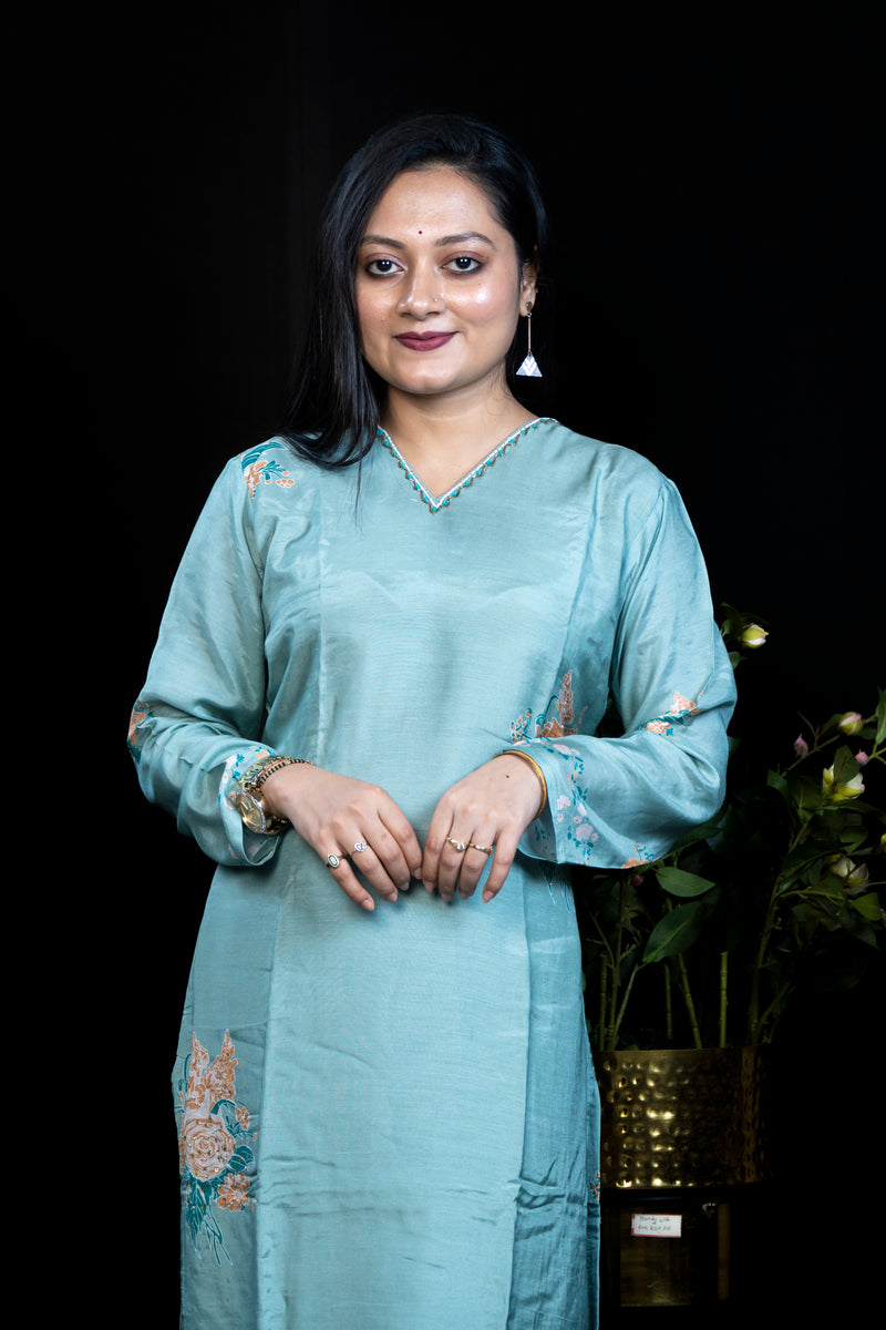Sage Green Silk Kurta Set with Embroidered Rose Motifs & Leheriya Dupatta
