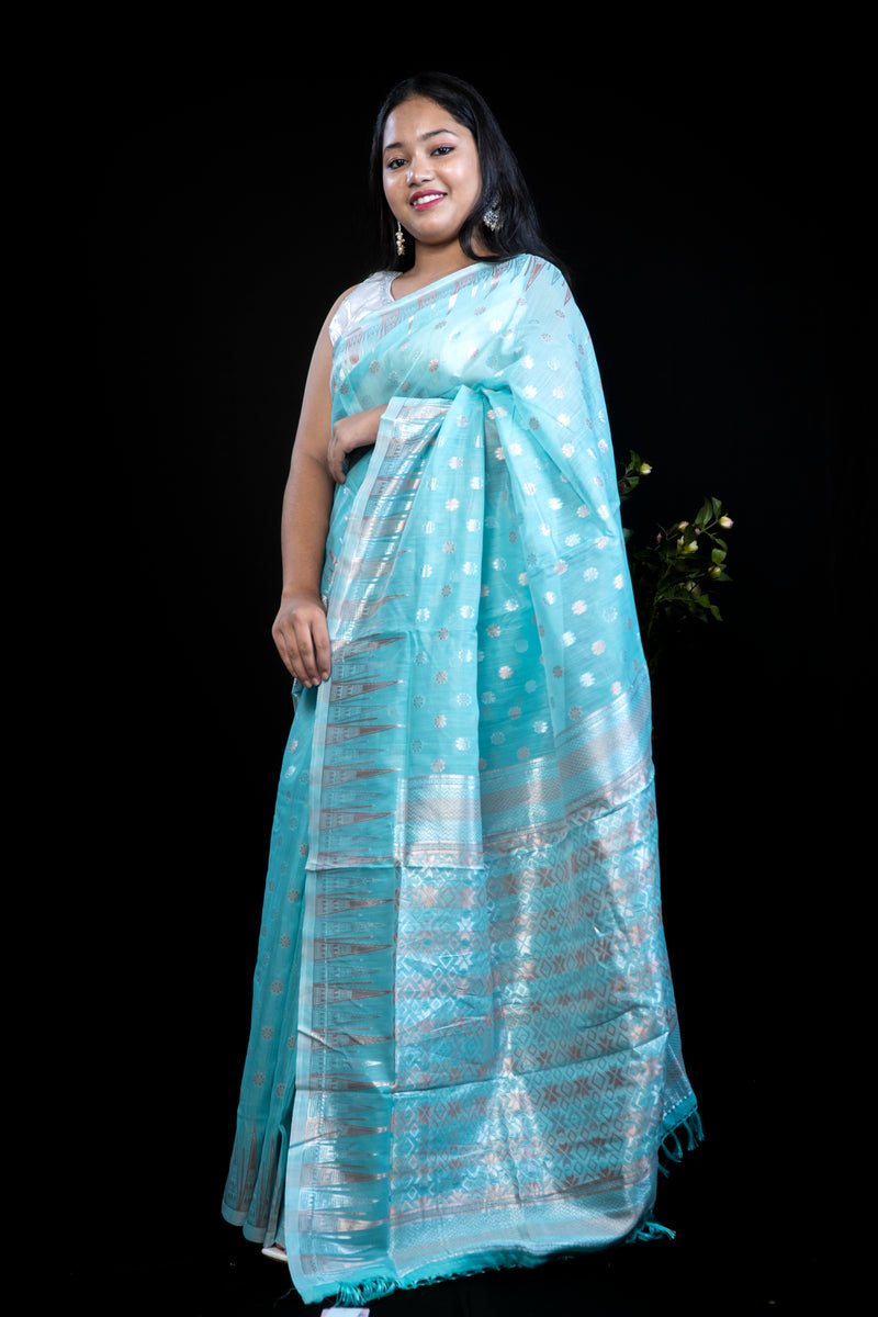 Beautiful silk Linen Saree with Woven Floral Butta & Contrast Border