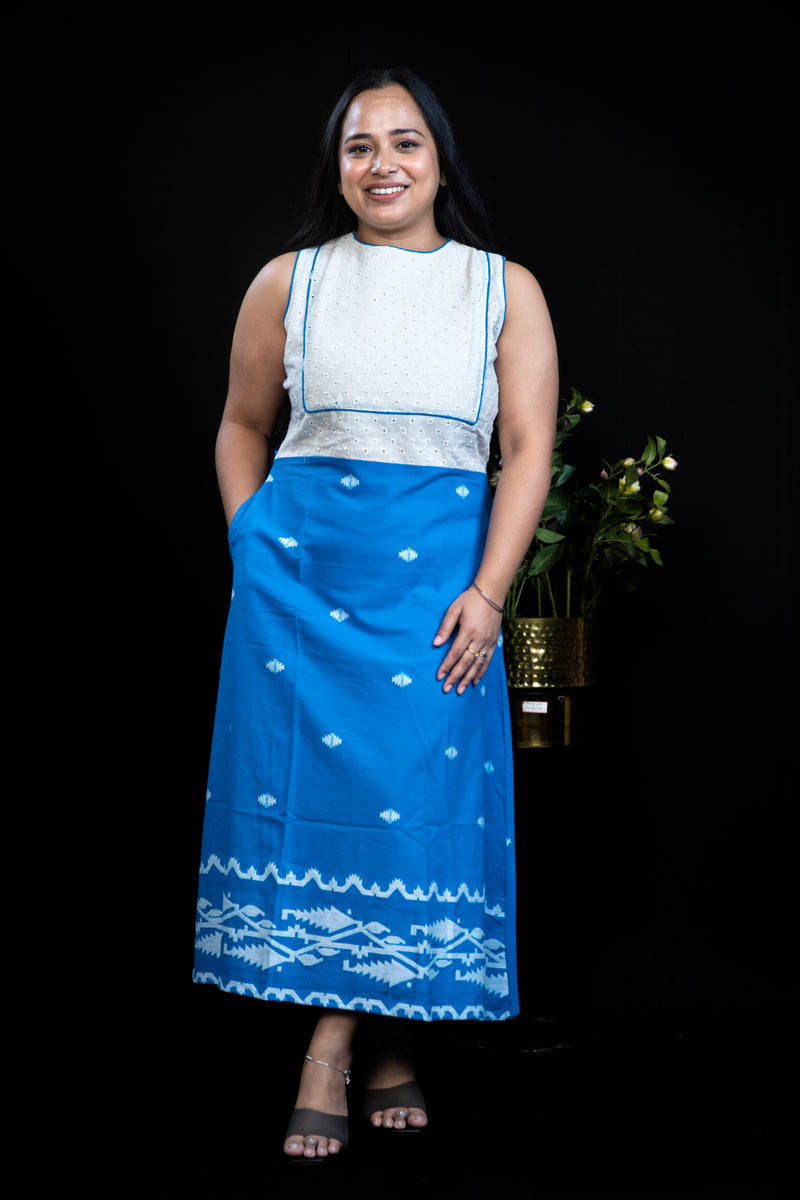 Handloom Cotton A-Line Dress with Hakoba & Jamdani Border