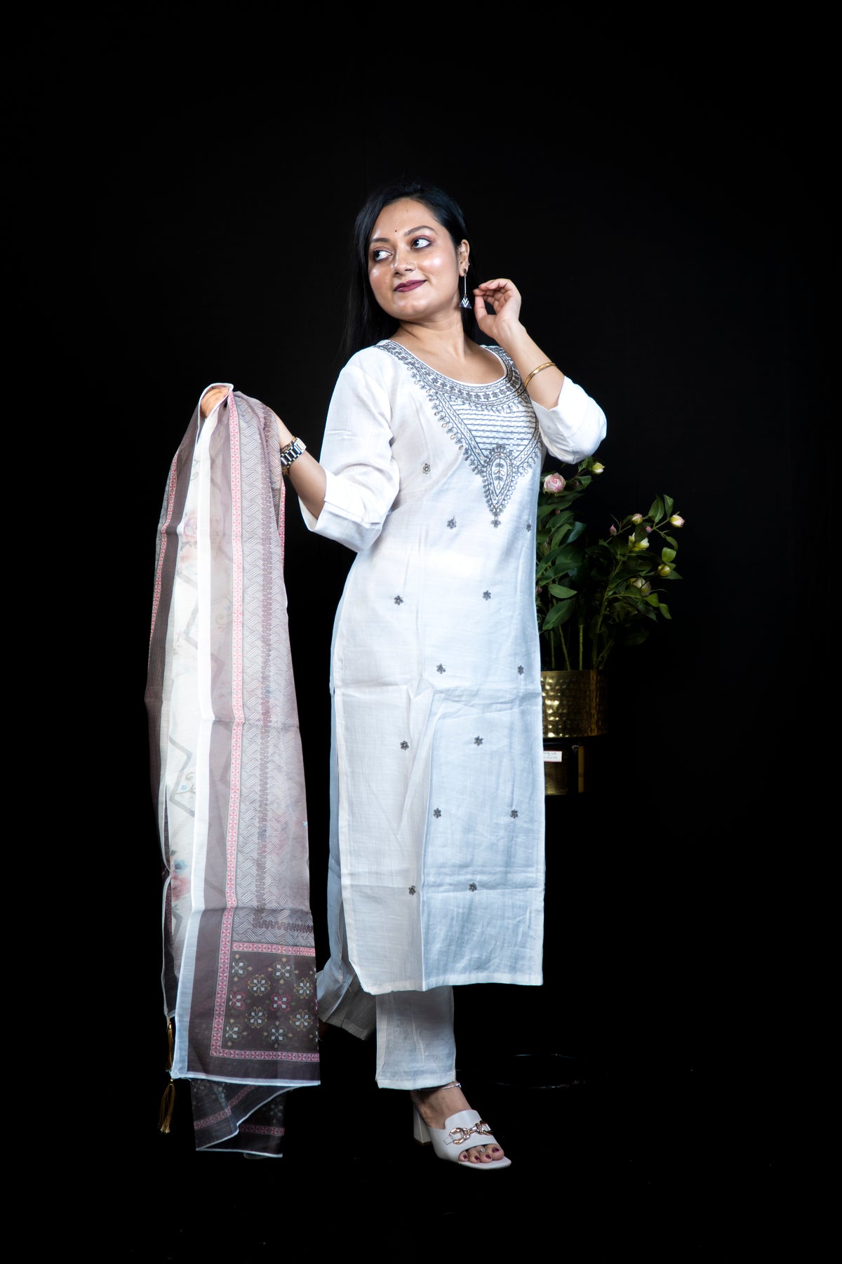 Ivory Kurta with Heavy Zari & Sequin Embroidered neck with pant and dupatta