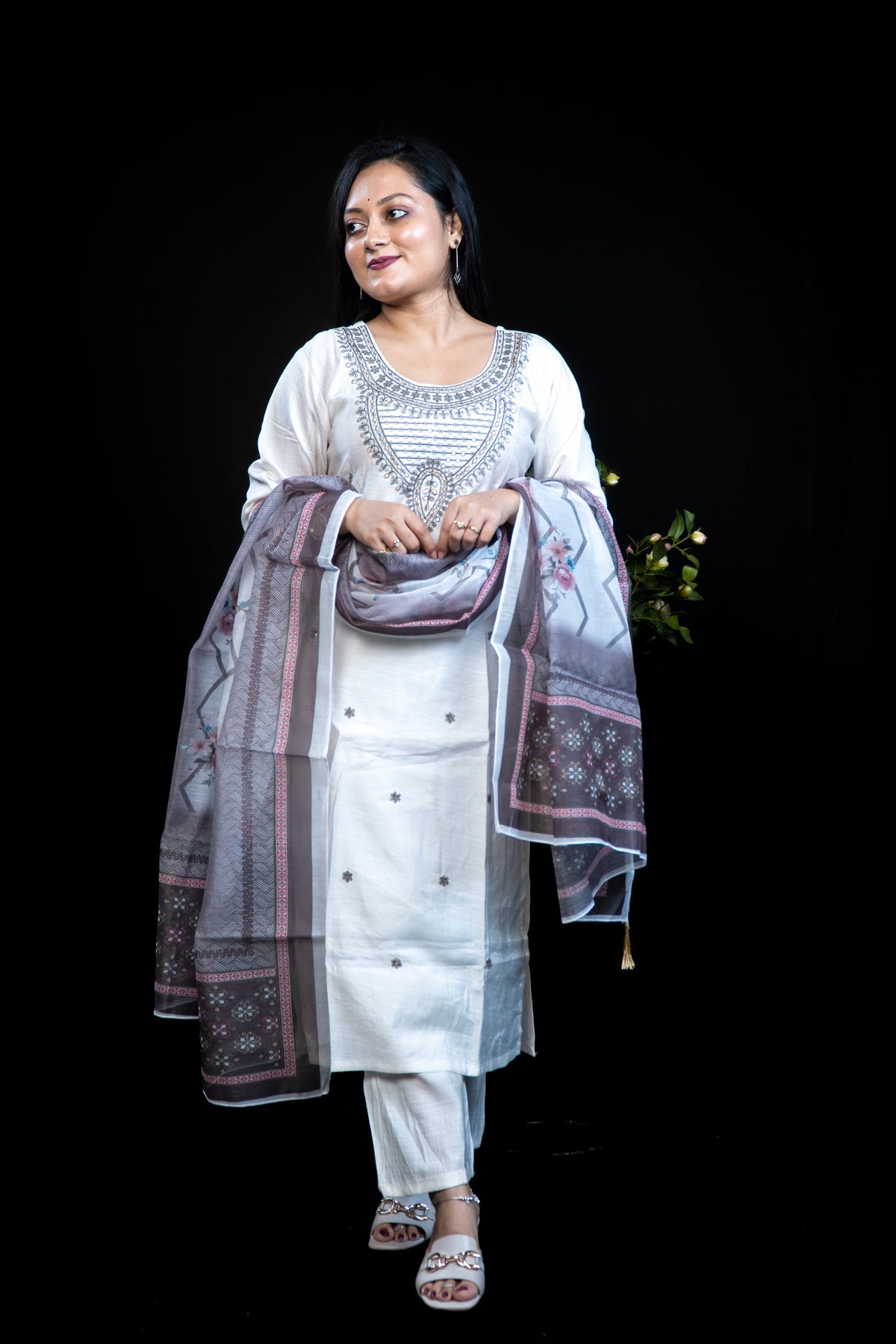 Ivory Kurta with Heavy Zari & Sequin Embroidered neck with pant and dupatta