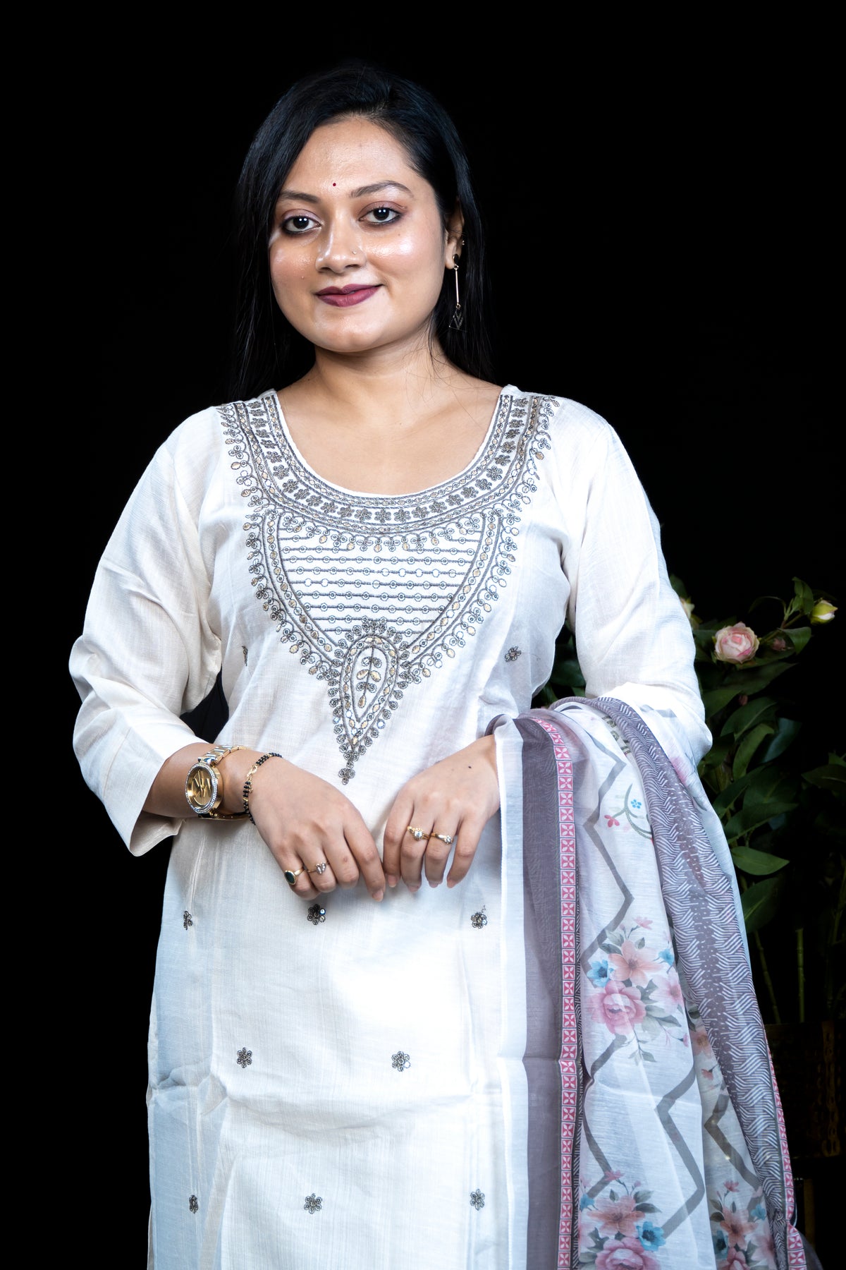 Ivory Kurta with Heavy Zari & Sequin Embroidered neck with pant and dupatta