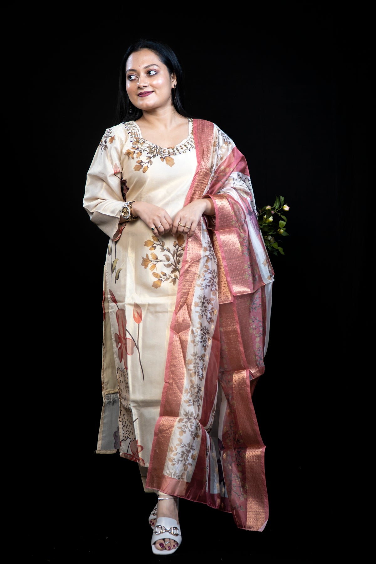 Ivory Floral-Print Kurta with Mirror & Bead Embroidered Neckline — Pant & Dupatta Set