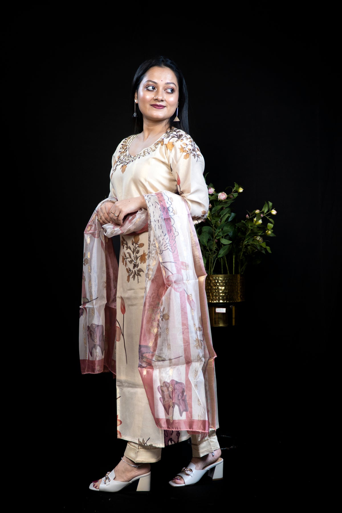 Ivory Floral-Print Kurta with Mirror & Bead Embroidered Neckline — Pant & Dupatta Set