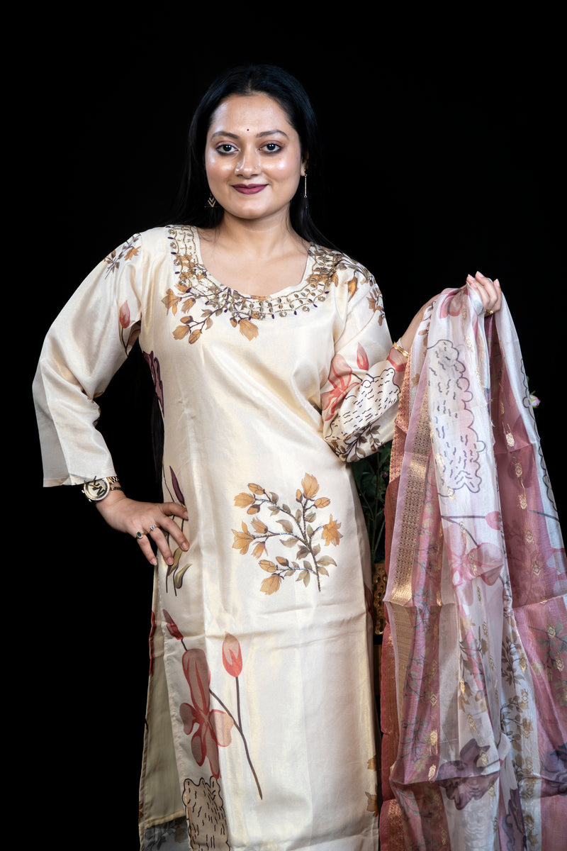 Ivory Floral-Print Kurta with Mirror & Bead Embroidered Neckline — Pant & Dupatta Set