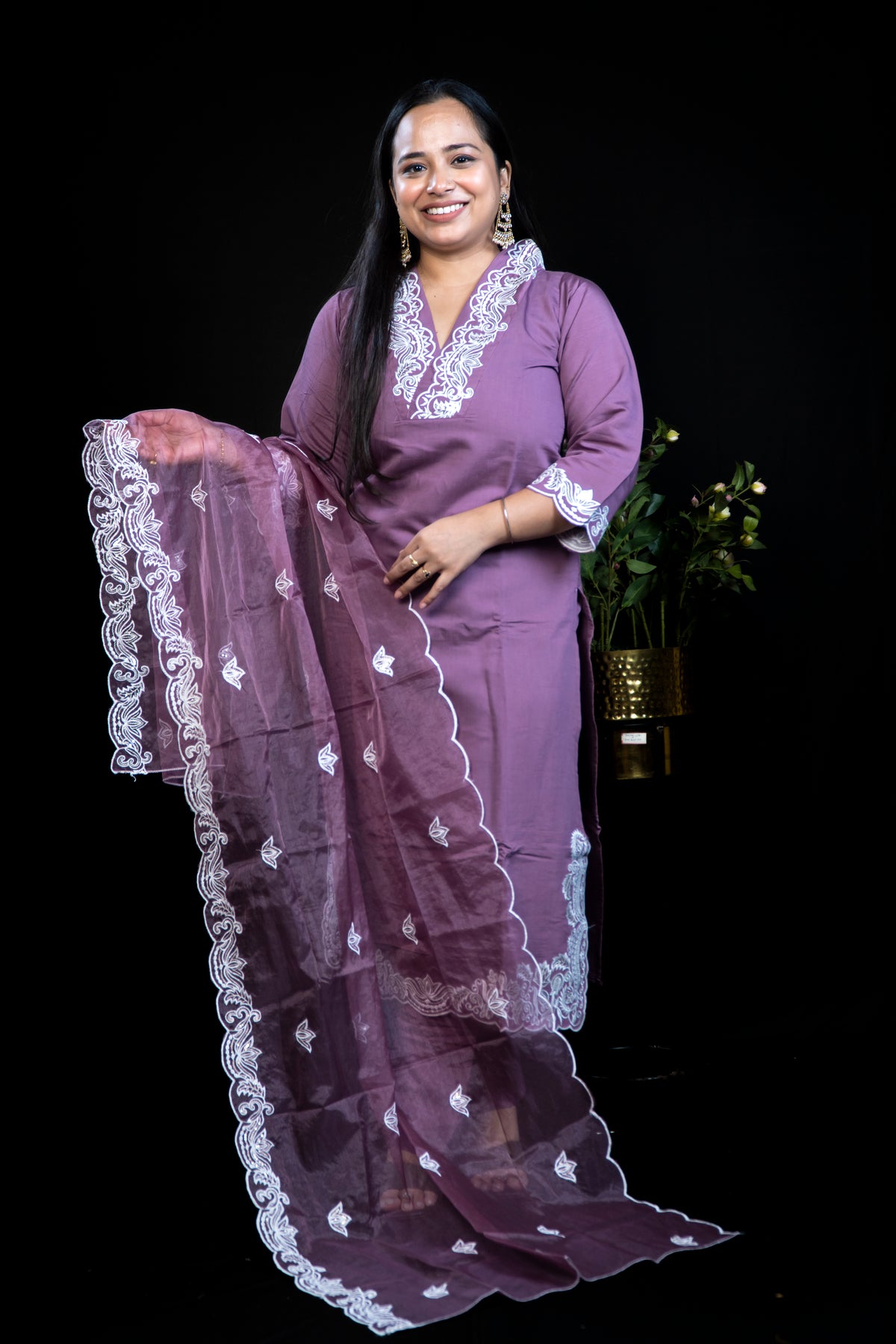 Purple Cotton Kurta Set with White Chikankari-Style Embroidery