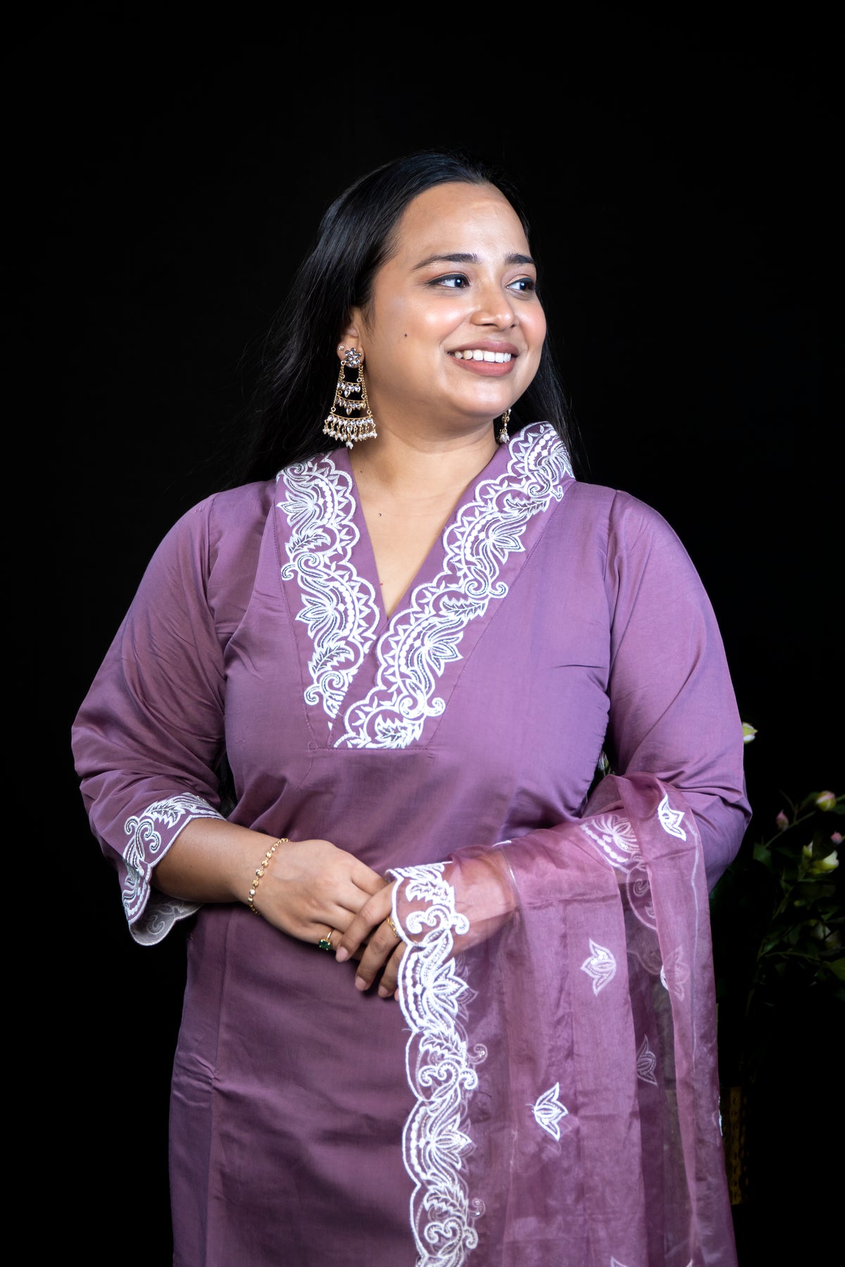 Purple Cotton Kurta Set with White Chikankari-Style Embroidery