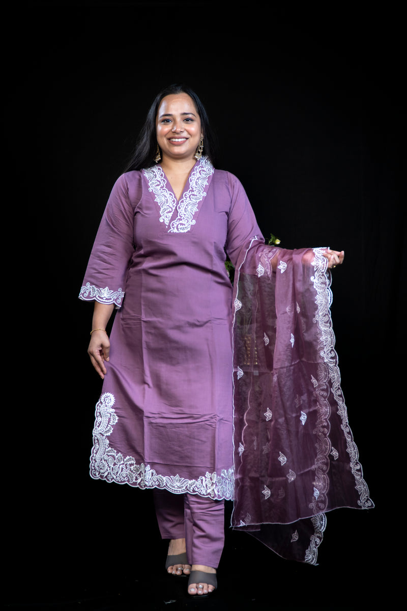 Purple Cotton Kurta Set with White Chikankari-Style Embroidery