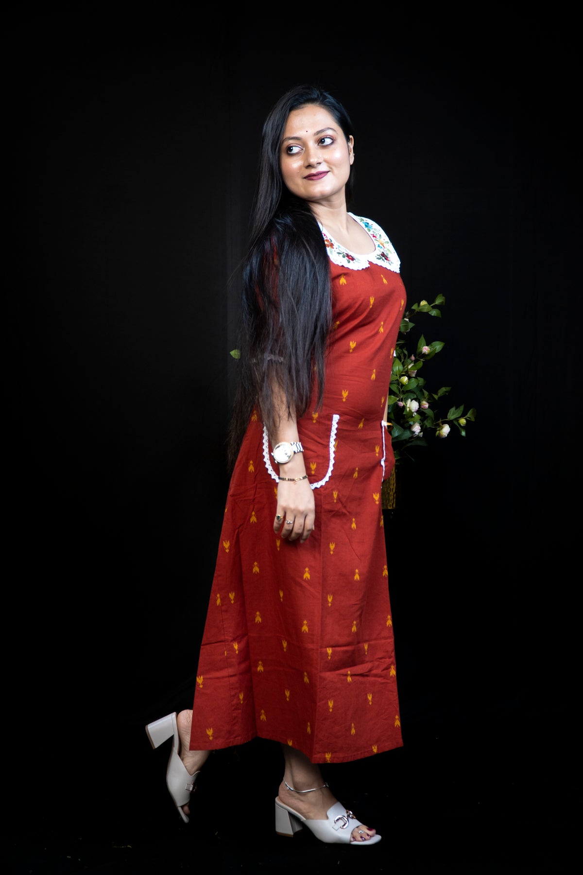 Cotton Kurta Dress with Embroidered Peter-Pan Collar & Twin Patch Pockets