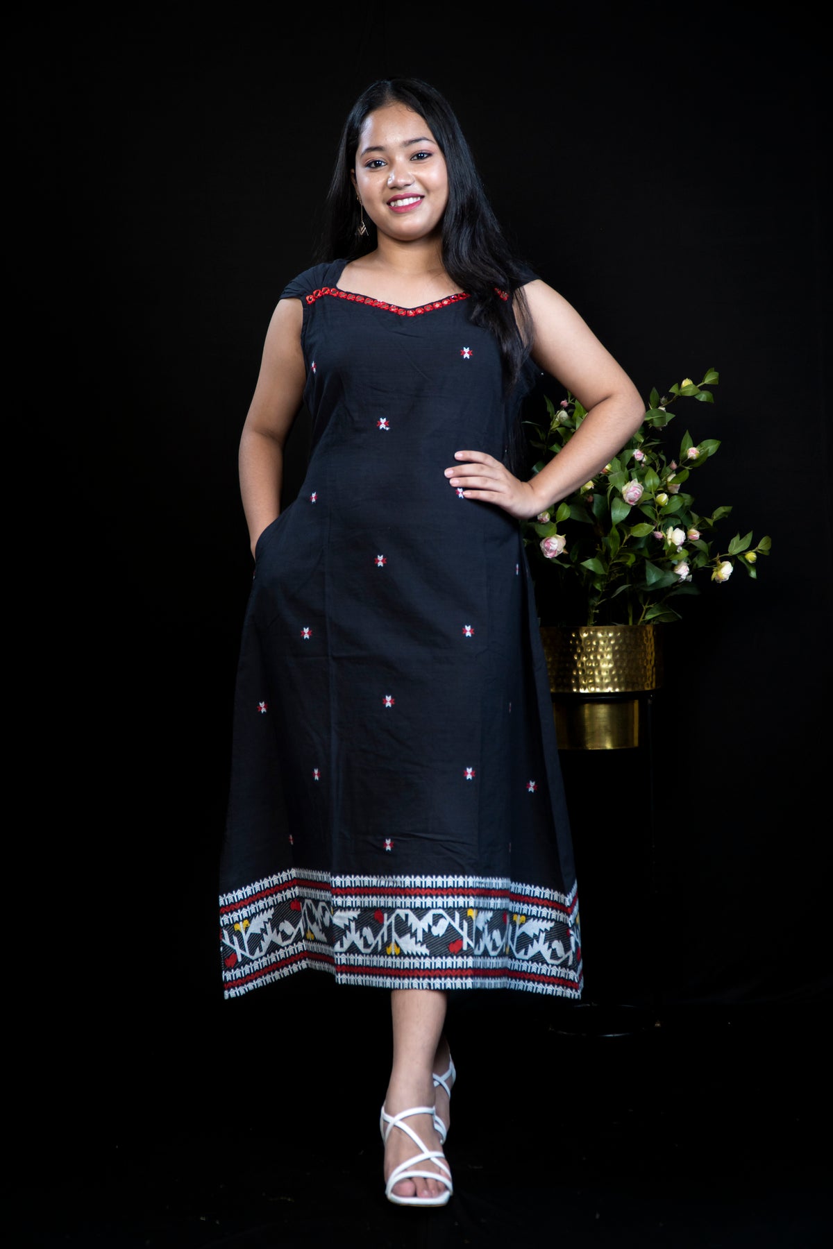 Beautiful handloom Cotton dress with Mirror Work Yoke and jamdani Ikat Border