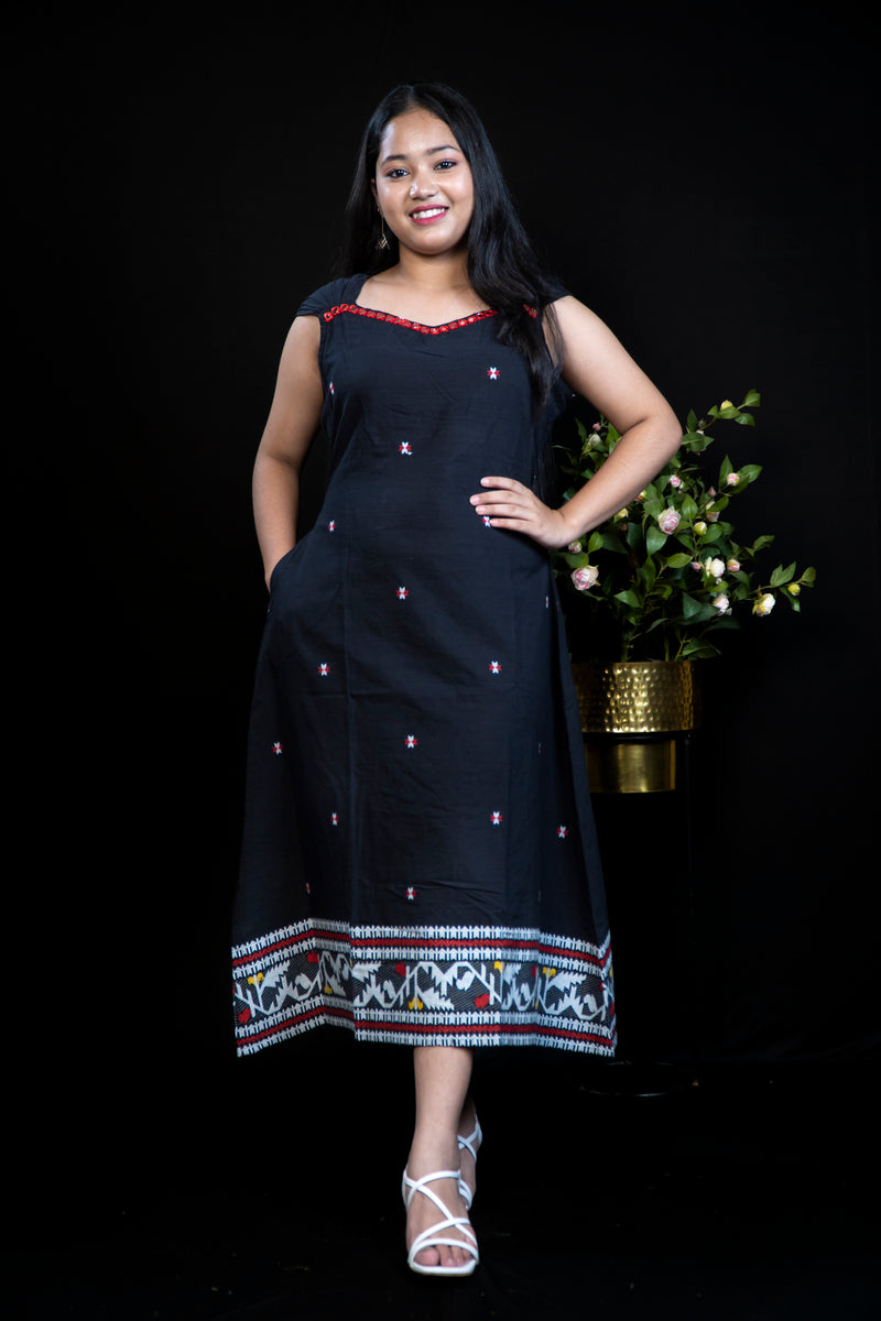 Beautiful handloom Cotton dress with Mirror Work Yoke and jamdani Ikat Border