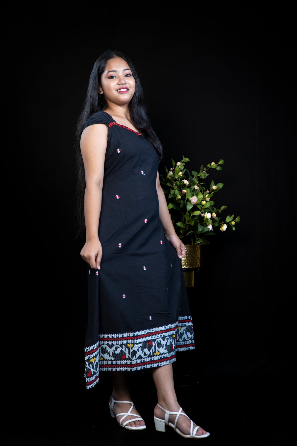 Beautiful handloom Cotton dress with Mirror Work Yoke and jamdani Ikat Border