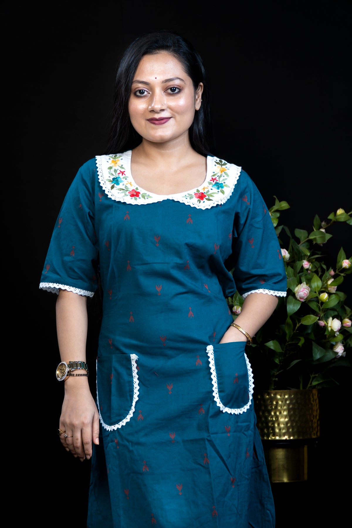 Cotton Kurta Dress with Embroidered Peter-Pan Collar & Twin Patch Pockets