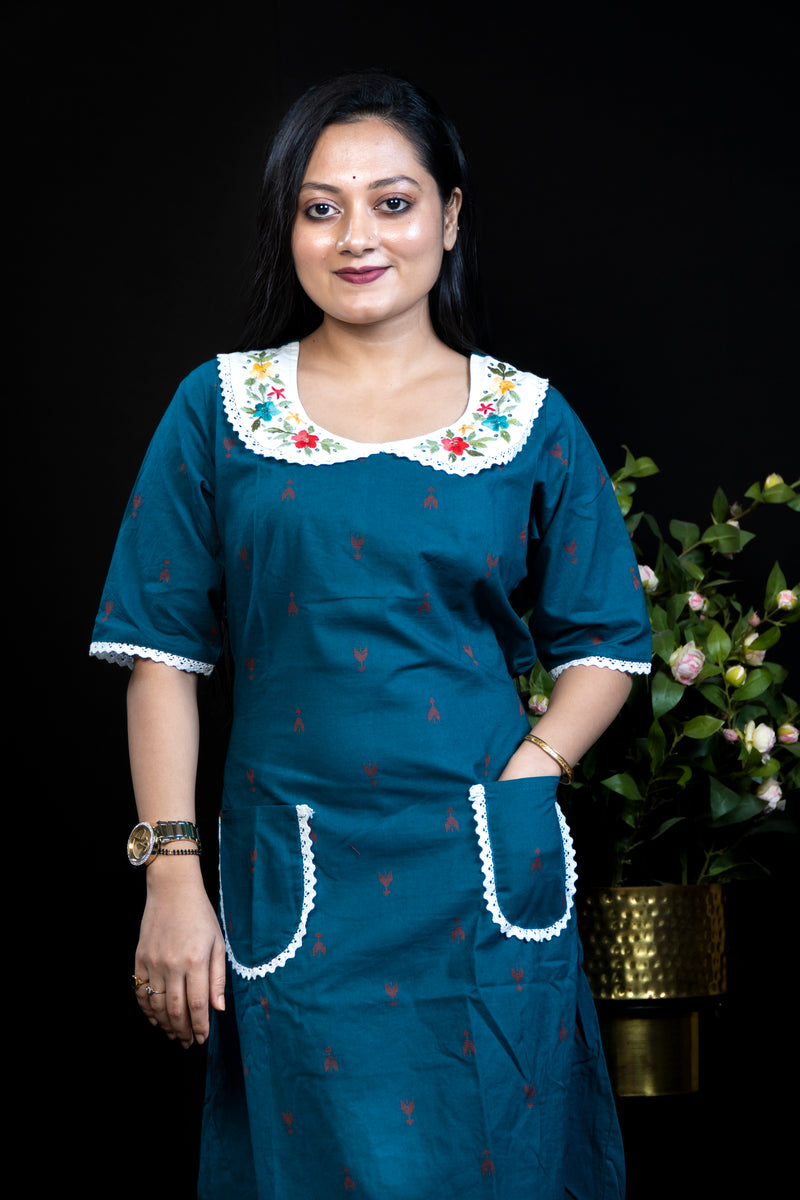 Cotton Kurta Dress with Embroidered Peter-Pan Collar & Twin Patch Pockets