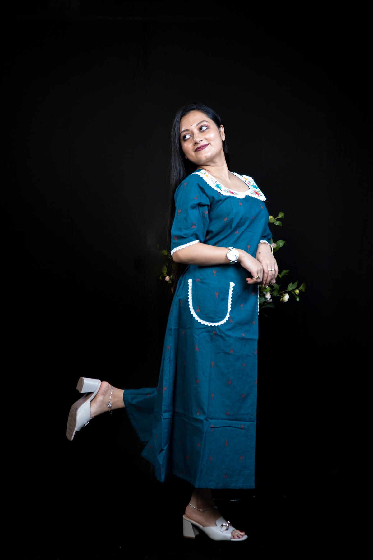 Cotton Kurta Dress with Embroidered Peter-Pan Collar & Twin Patch Pockets