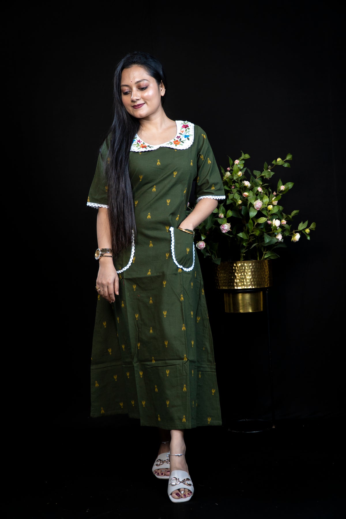 Cotton Kurta Dress with Embroidered Peter-Pan Collar & Twin Patch Pockets