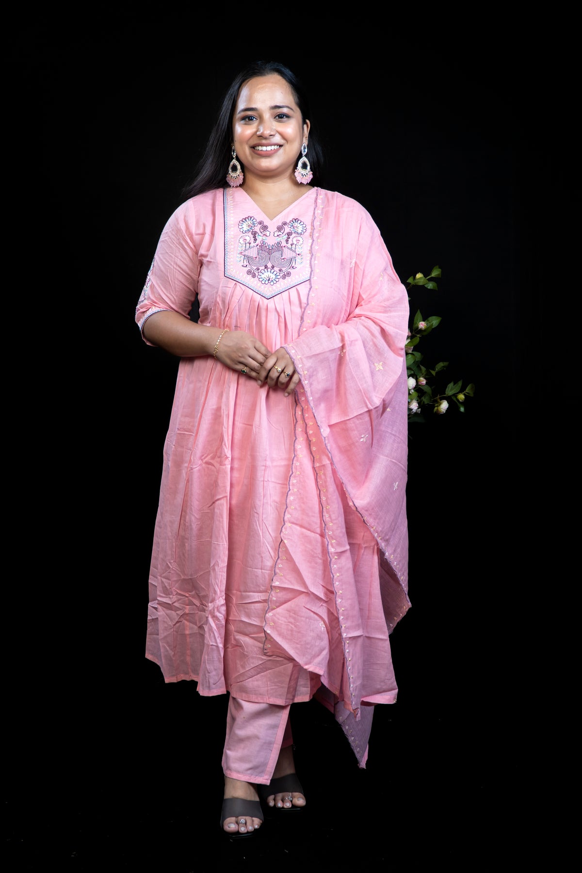 Pink Cotton Kurta Set with Floral and mirror Embroidered Yoke and Scalloped Tasseled Dupatta