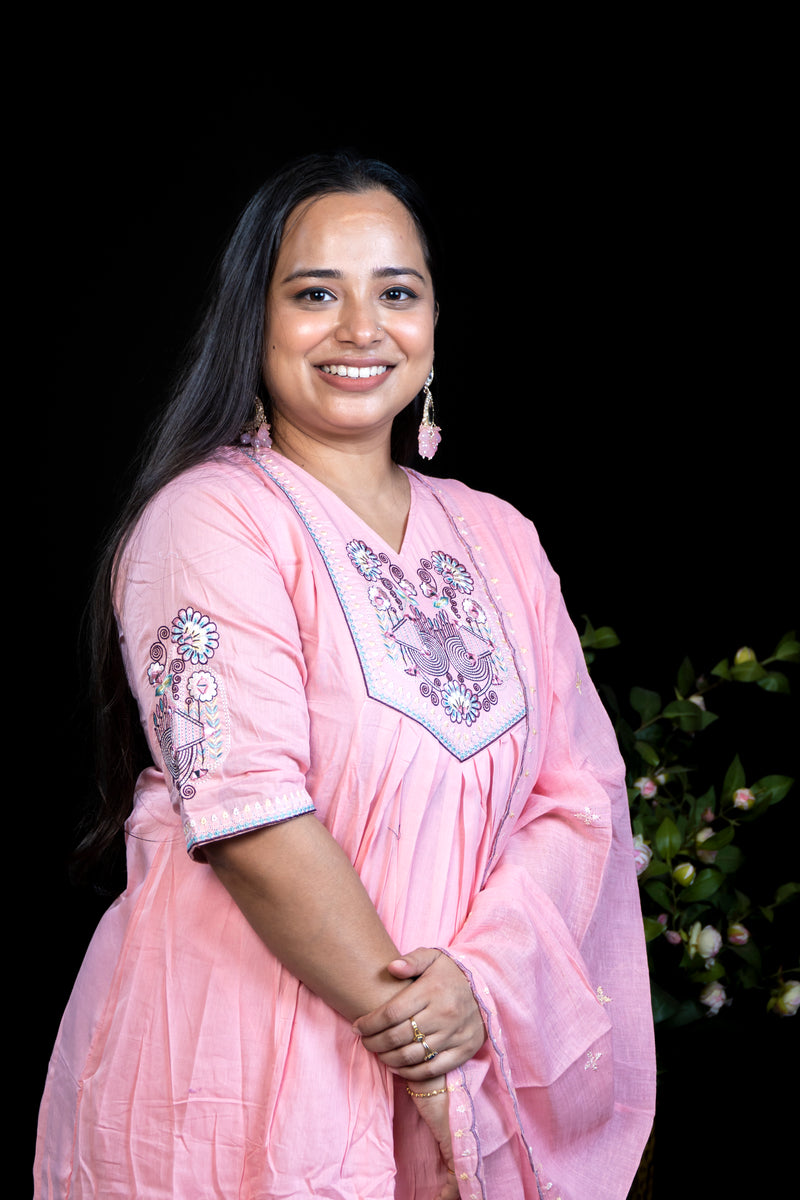 Pink Cotton Kurta Set with Floral and mirror Embroidered Yoke and Scalloped Tasseled Dupatta