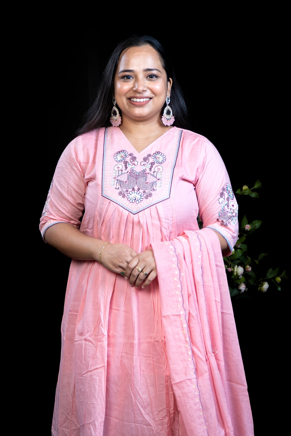 Pink Cotton Kurta Set with Floral and mirror Embroidered Yoke and Scalloped Tasseled Dupatta