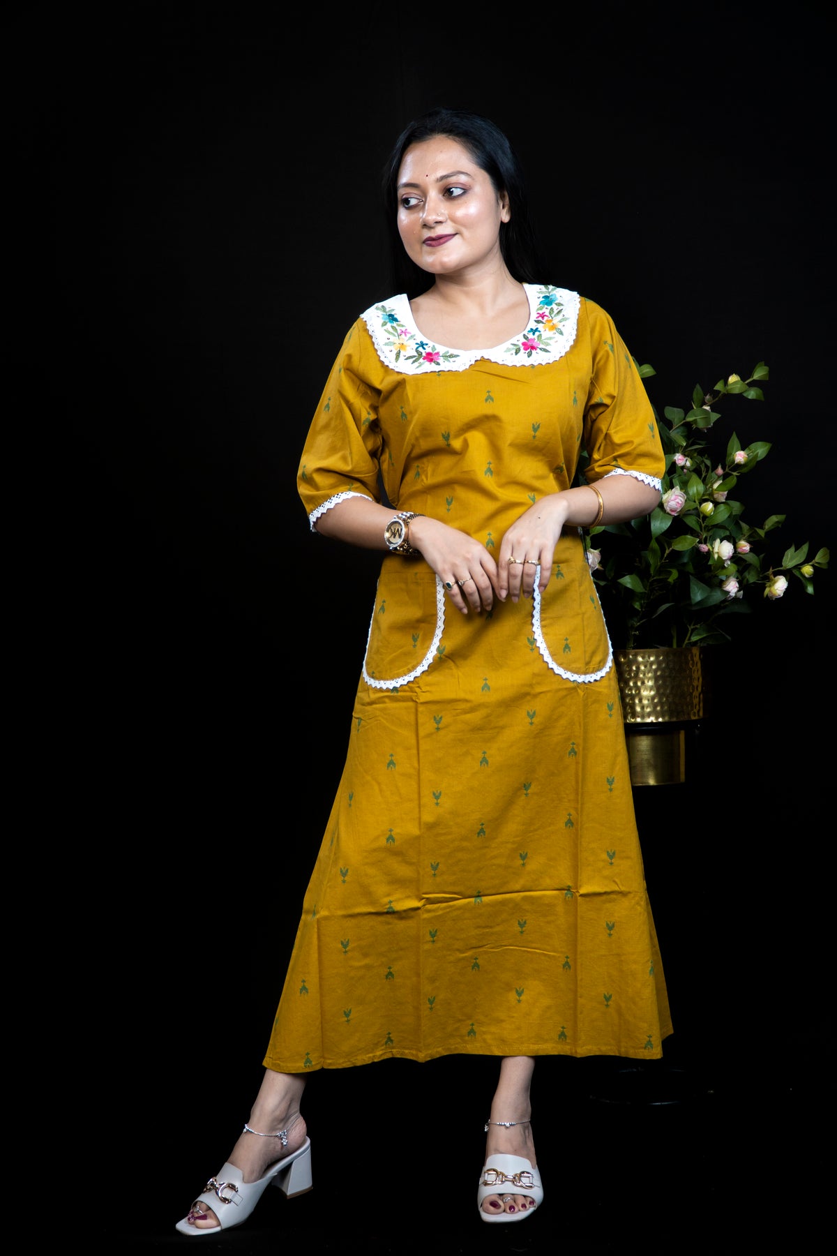 Cotton Kurta Dress with Embroidered Peter-Pan Collar & Twin Patch Pockets