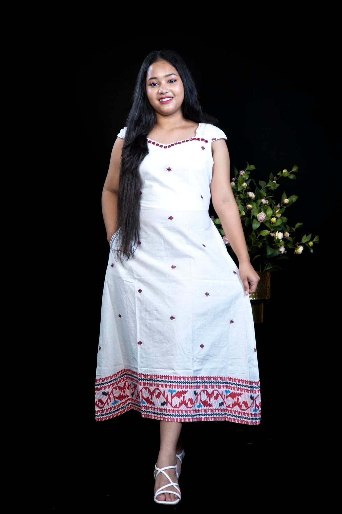 Beautiful handloom Cotton dress with Mirror Work Yoke and jamdani Ikat Border