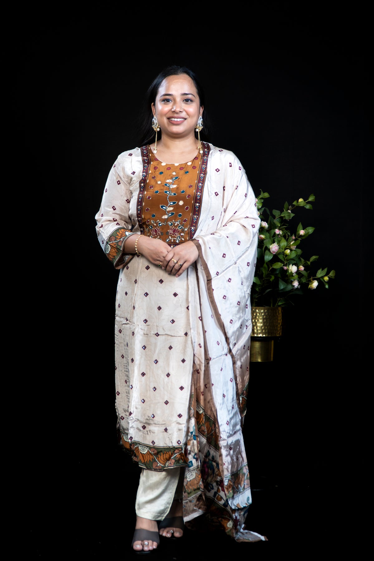Beige Diamond-Print Kurta with Mustard Mirror-Embroidered Yoke & Floral Border