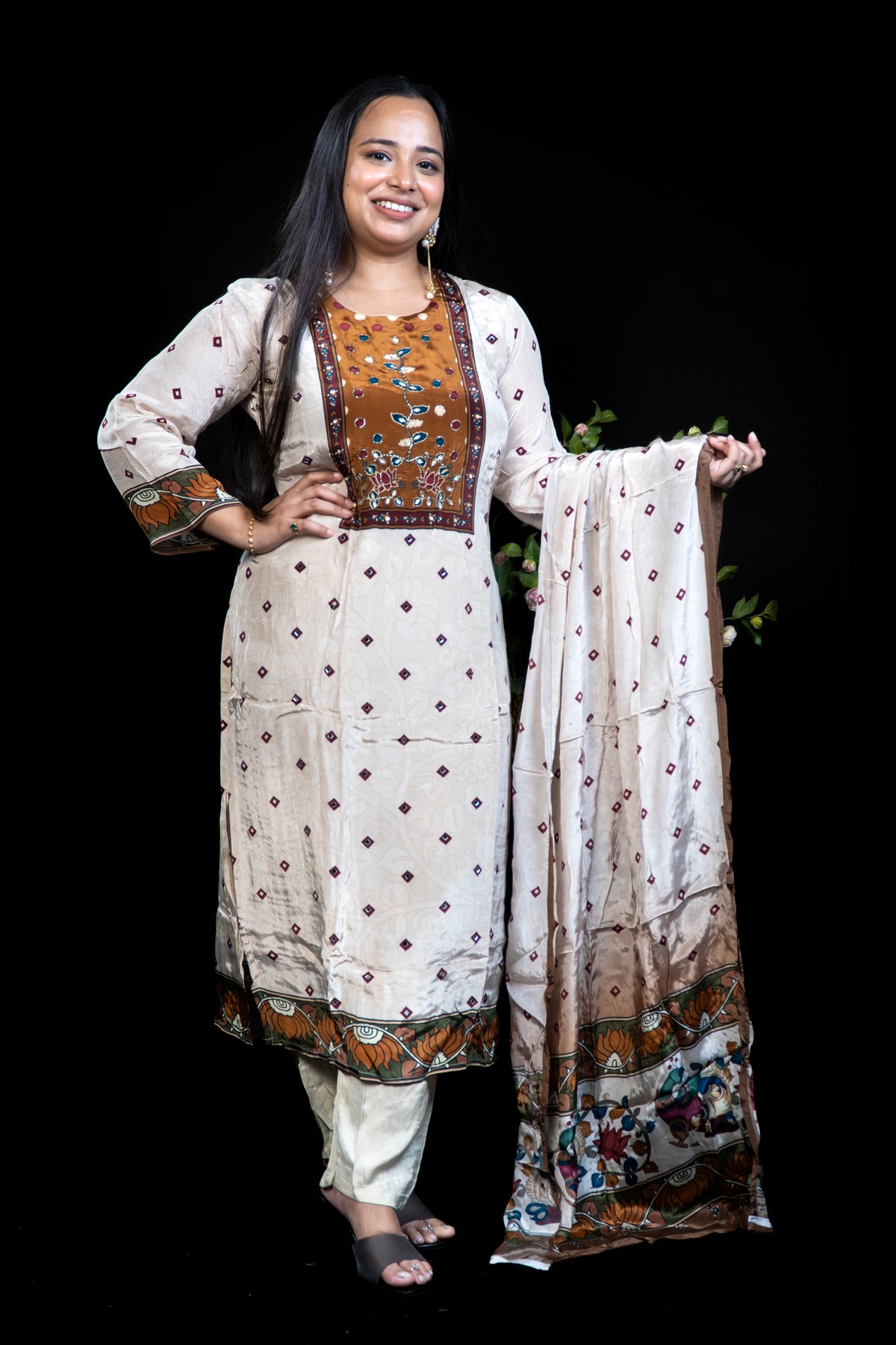 Beige Diamond-Print Kurta with Mustard Mirror-Embroidered Yoke & Floral Border