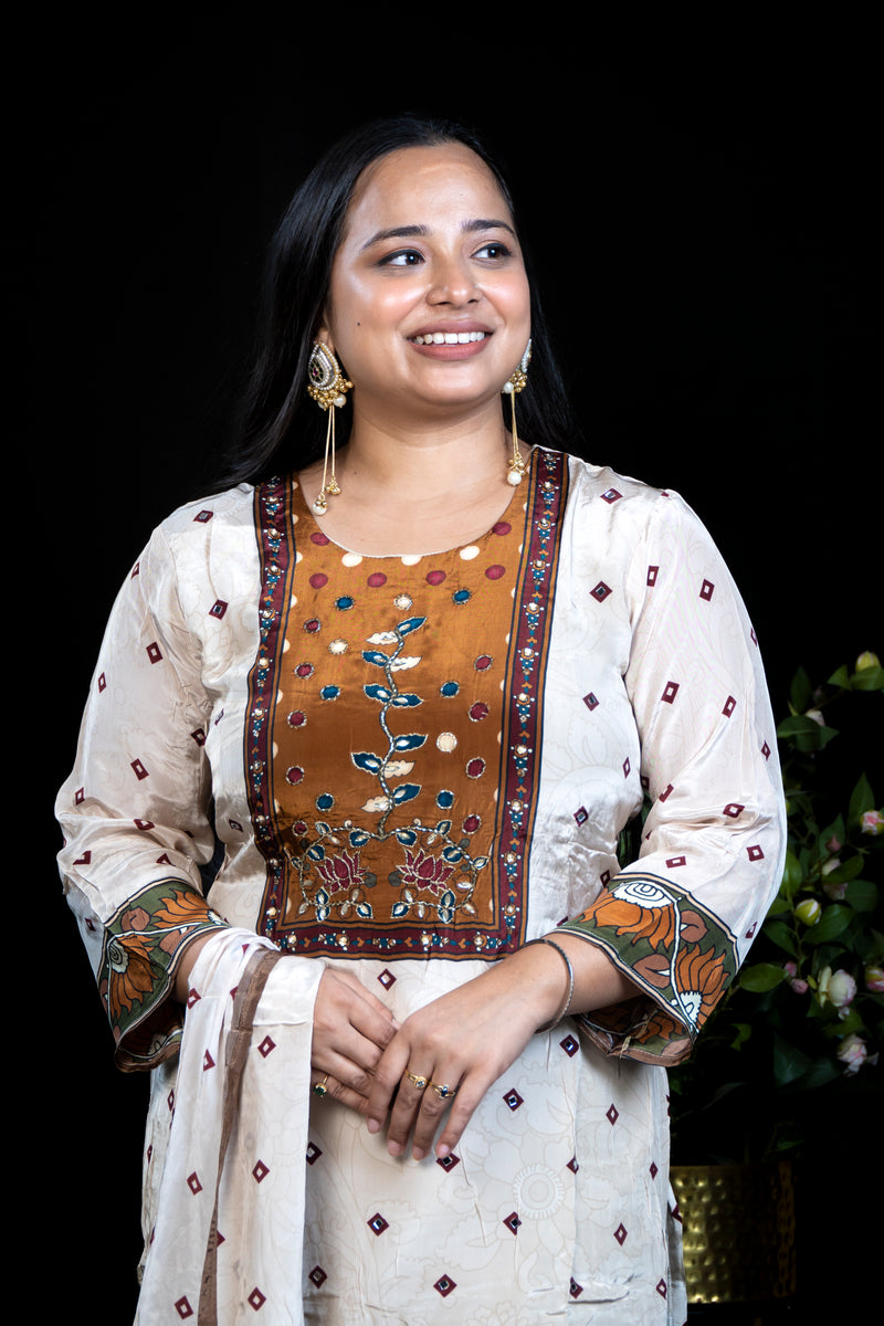 Beige Diamond-Print Kurta with Mustard Mirror-Embroidered Yoke & Floral Border