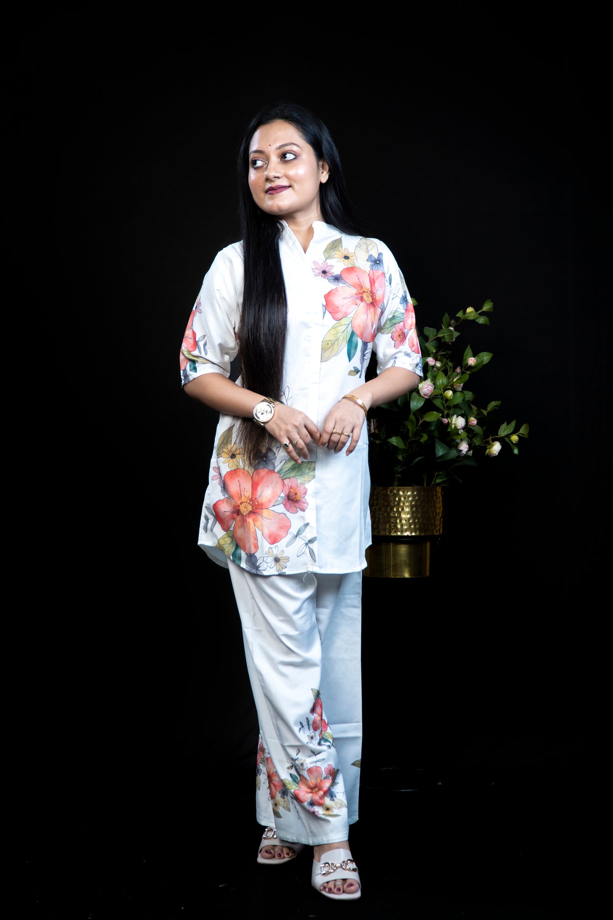 White Floral Print Co-ord Set — Mandarin Collar Top with Matching Pants