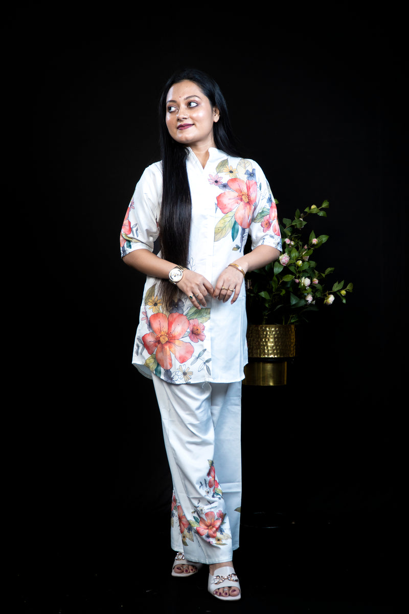 White Floral Print Co-ord Set — Mandarin Collar Top with Matching Pants