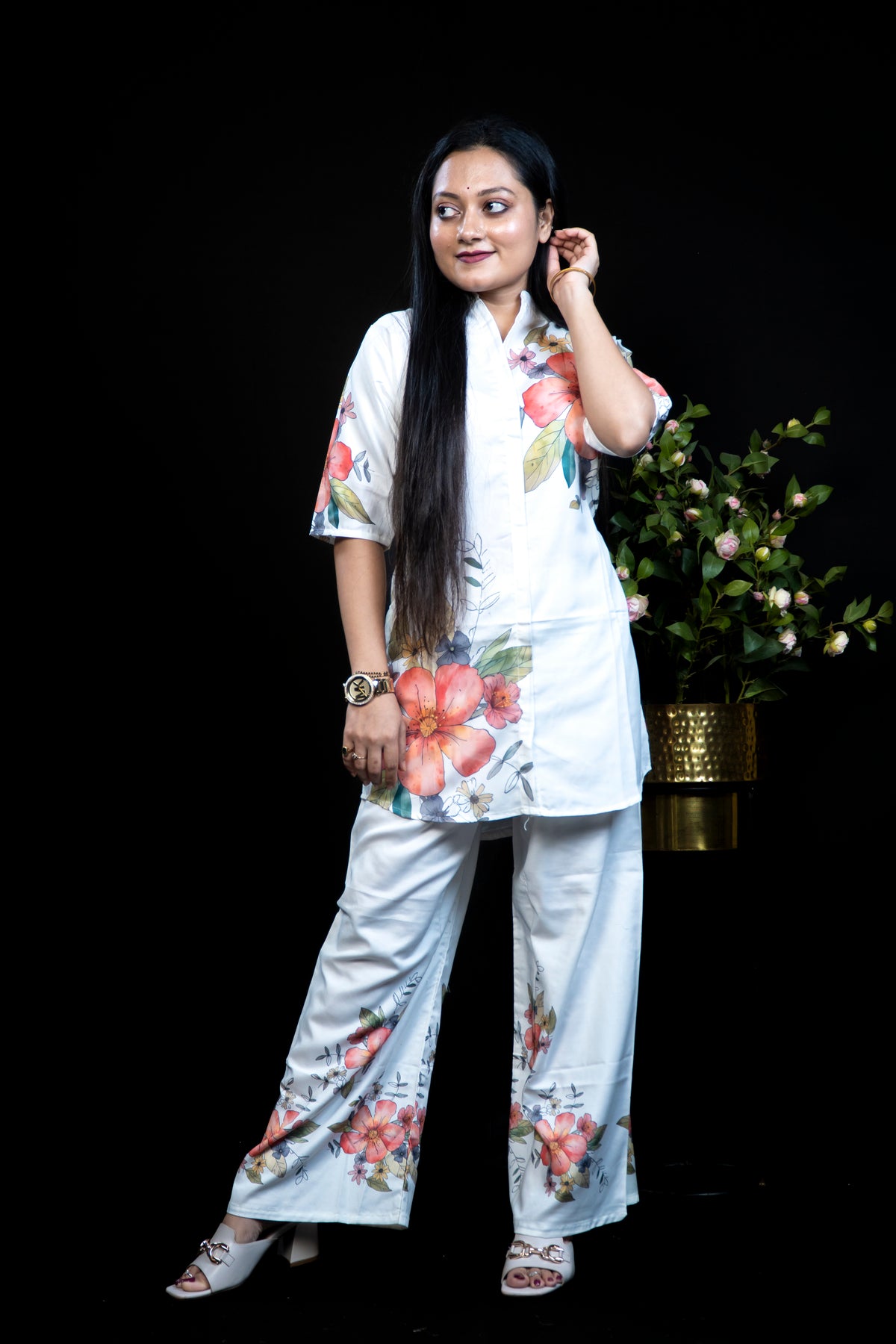 White Floral Print Co-ord Set — Mandarin Collar Top with Matching Pants