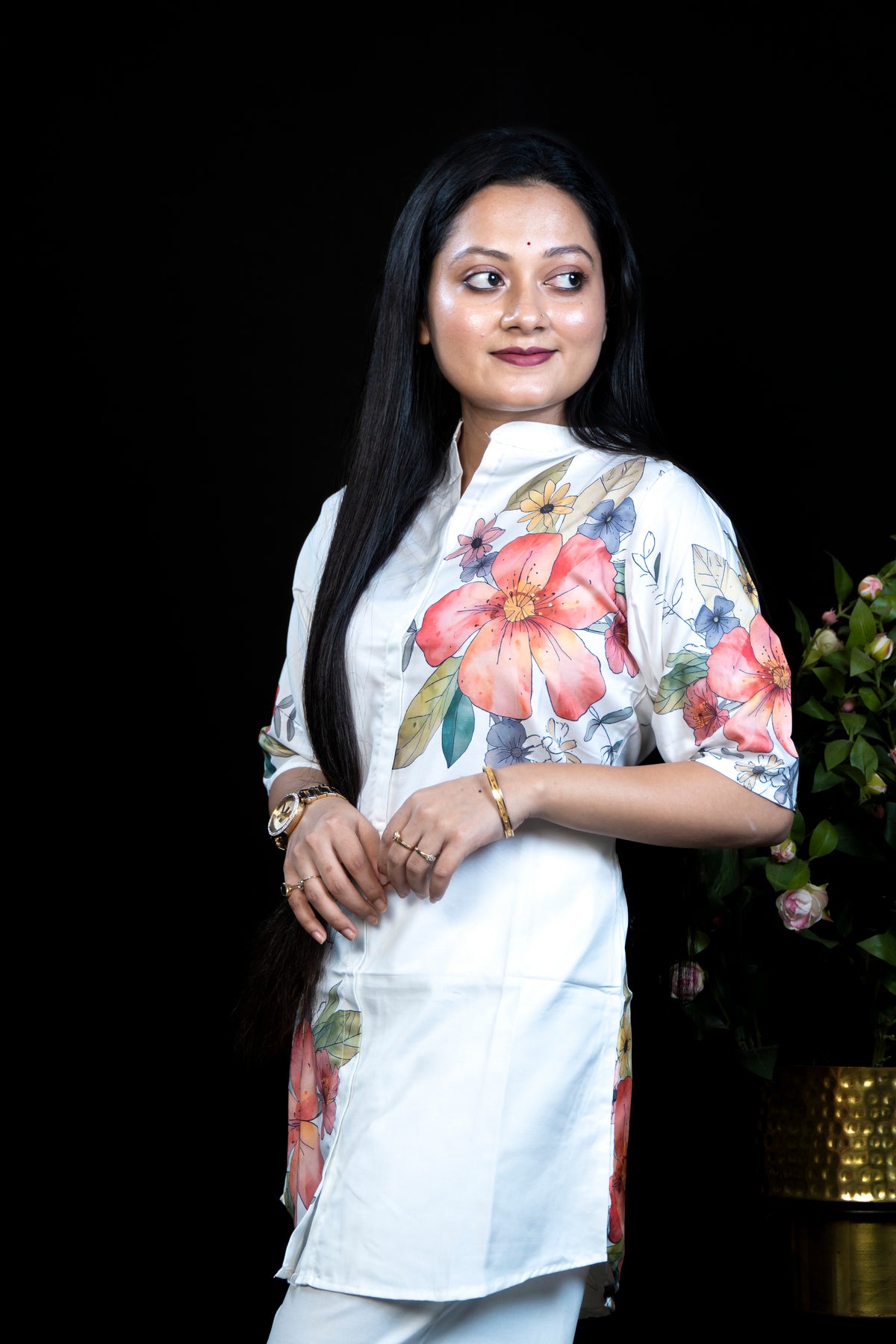 White Floral Print Co-ord Set — Mandarin Collar Top with Matching Pants