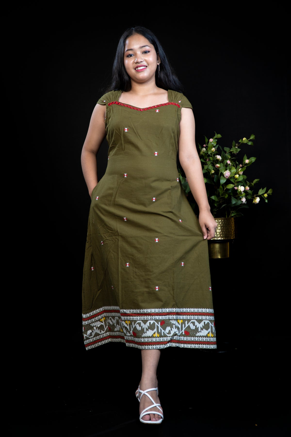 Beautiful handloom Cotton dress with Mirror Work Yoke and jamdani Ikat Border