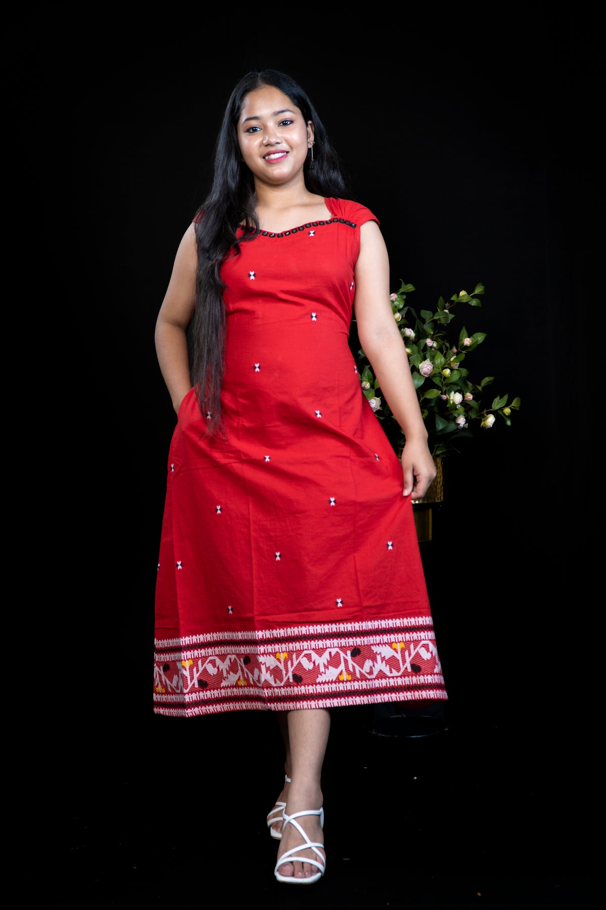 Beautiful handloom Cotton dress with Mirror Work Yoke and jamdani Ikat Border