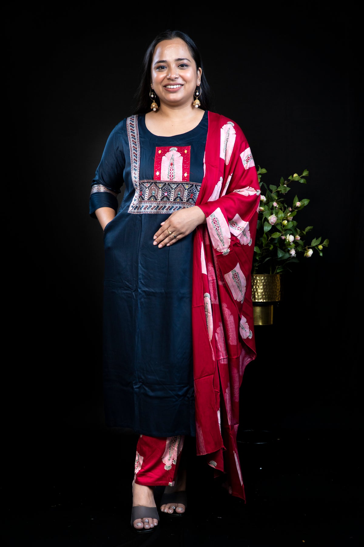 Maroon & Navy Mughal-Motif Embroidered Kurti Set