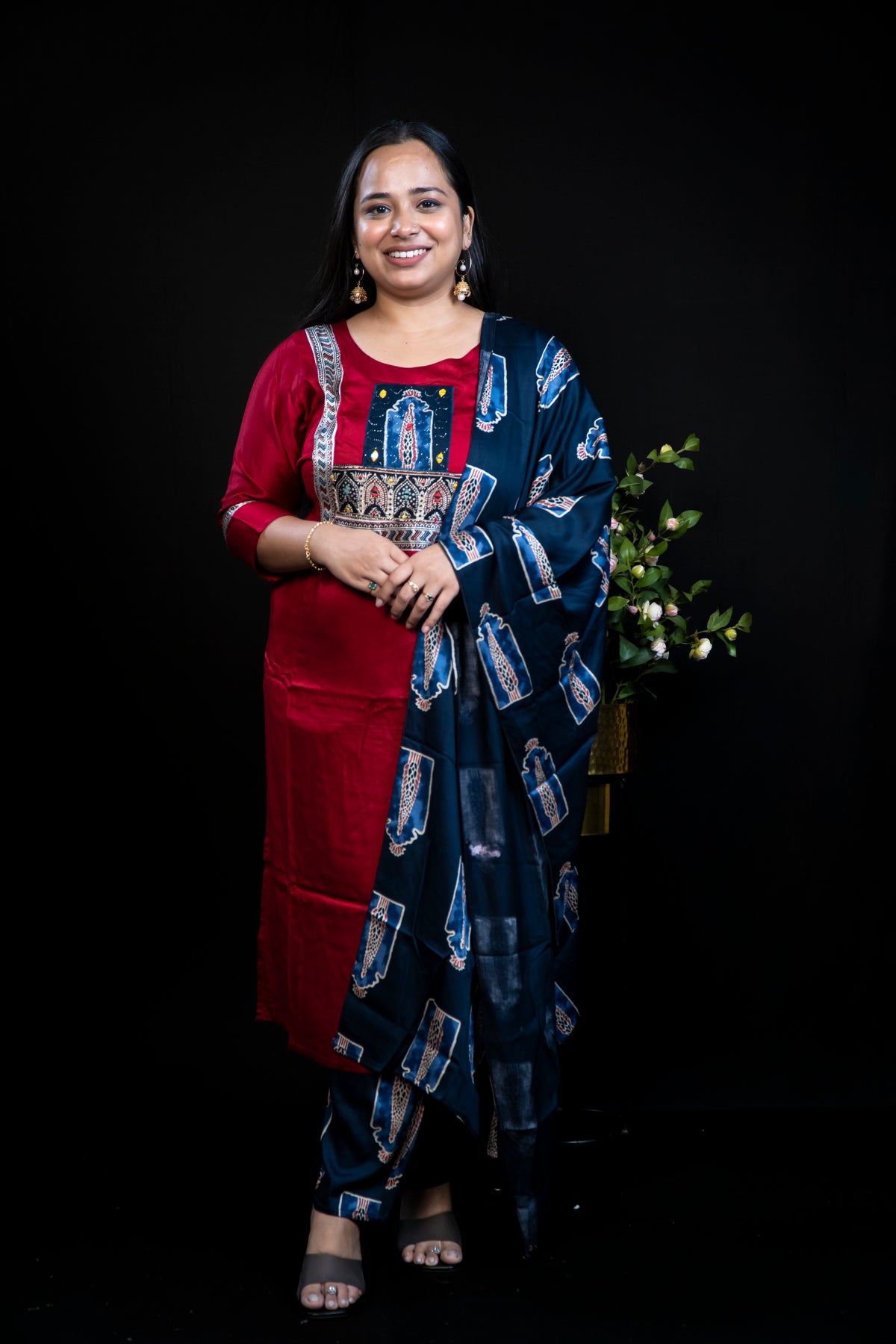 Maroon & Navy Mughal-Motif Embroidered Kurti Set