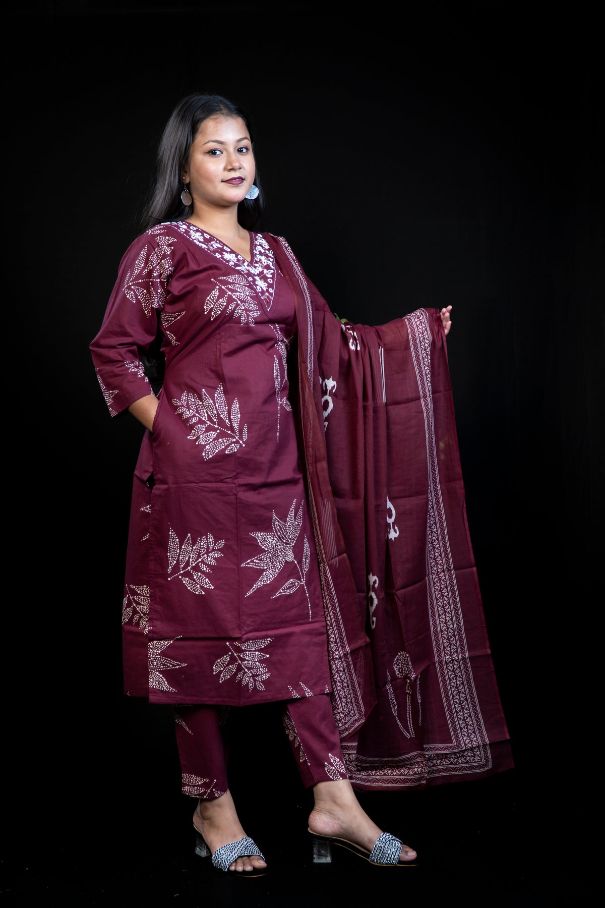 Embroidered Kurta with Mirror and Bead, kardana Work Neckline, pant and dupatta set